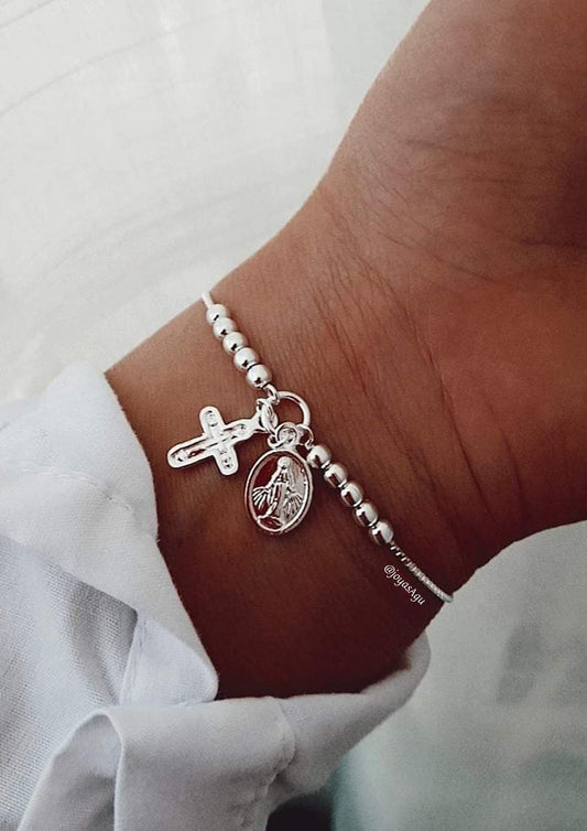 Pulsera ajustable virgen y cruz